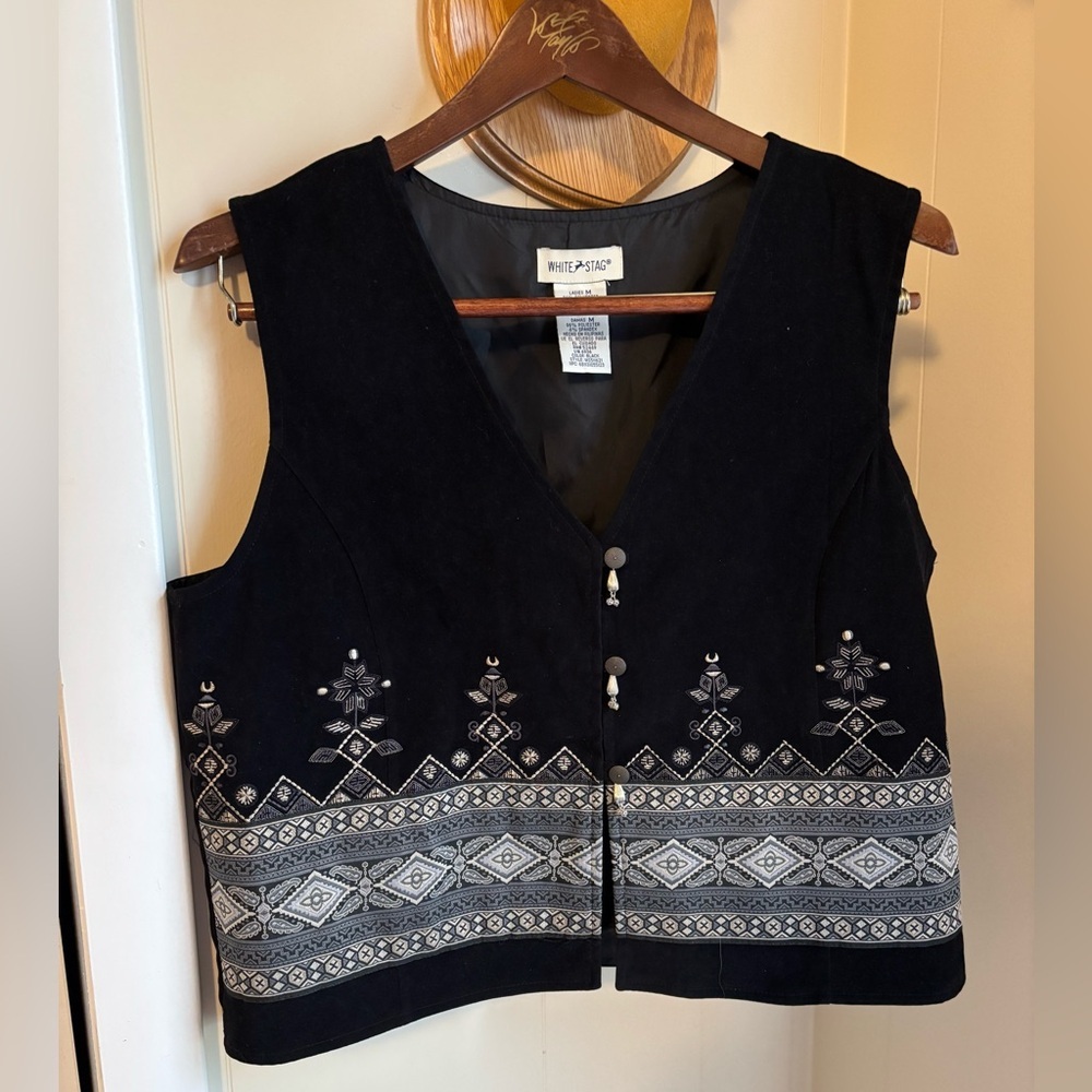 Vintage White Stag Black Felt Southwest Aztec Festival Tapestry Vest